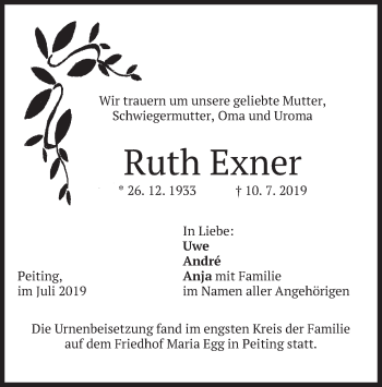 Todesanzeige von Ruth Exner von merkurtz