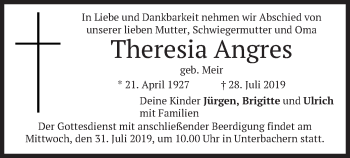 Todesanzeige von Theresia Angres von merkurtz