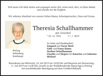 Todesanzeige von Theresia Schallhammer von merkurtz