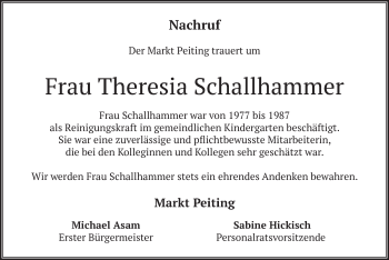 Todesanzeige von Theresia Schallhammer von merkurtz