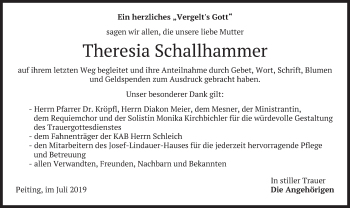 Todesanzeige von Theresia Schallhammer von merkurtz