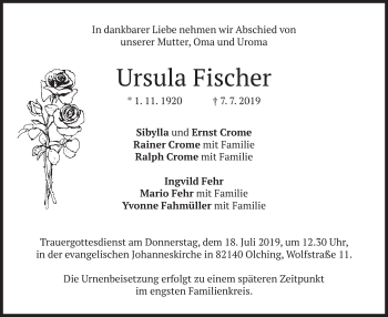 Todesanzeige von Ursula Fischer von merkurtz