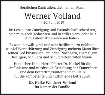 Todesanzeige von Werner Volland von merkurtz