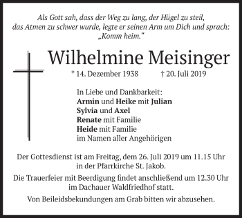 Todesanzeige von Wilhelmine Meisinger von merkurtz