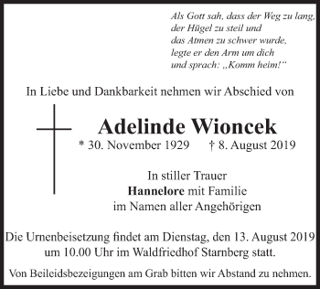 Todesanzeige von Adelinde Wioncek von merkurtz