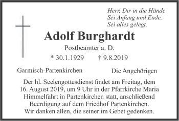 Todesanzeige von Adolf Burghardt von merkurtz