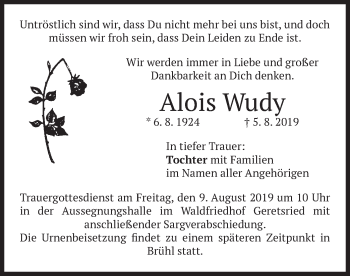 Todesanzeige von Alois Wudy von merkurtz