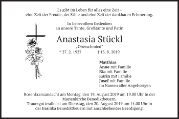 Todesanzeige von Anastasia Stückl von merkurtz