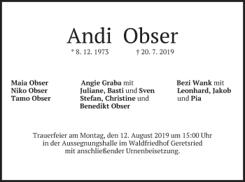 Todesanzeige von Andi Obser von merkurtz
