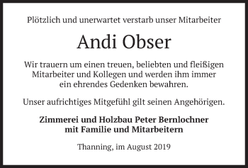 Todesanzeige von Andi Obser von merkurtz