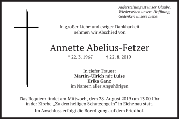 Todesanzeige von Annette Abelius-Fetzer von merkurtz