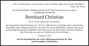 Todesanzeige von Bernhard Christian von merkurtz