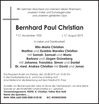 Todesanzeige von Bernhard Paul Christian von merkurtz