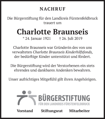 Todesanzeige von Charlotte Braunseis von merkurtz