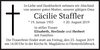 Todesanzeige von Cäcilie Staffler von merkurtz