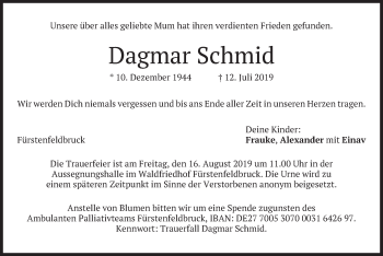 Todesanzeige von Dagmar Schmid von merkurtz