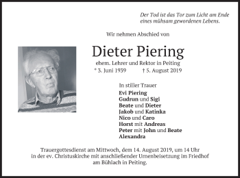 Todesanzeige von Dieter Piering von merkurtz