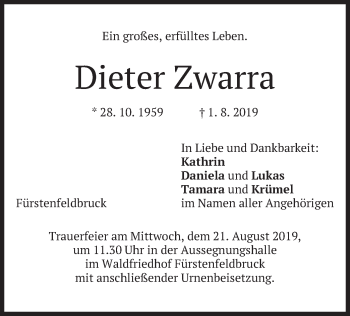 Todesanzeige von Dieter Zwarra von merkurtz