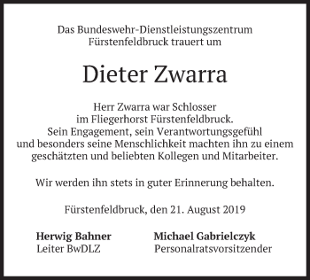 Todesanzeige von Dieter Zwarra von merkurtz