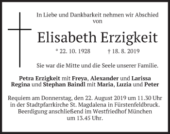 Todesanzeige von Elisabeth Erzigkeit von merkurtz