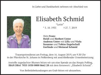 Todesanzeige von Elisabeth Schmid von merkurtz