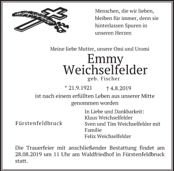 Todesanzeige von Emmy Weichselfelder von merkurtz
