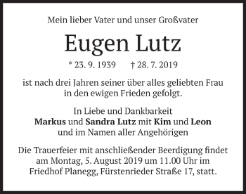 Todesanzeige von Eugen Lutz von merkurtz