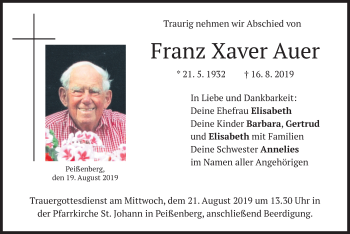 Todesanzeige von Franz Xaver Auer von merkurtz