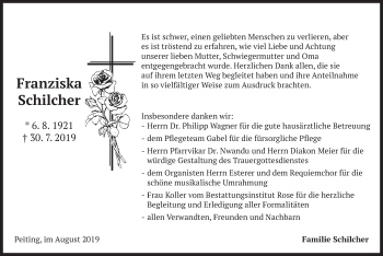 Todesanzeige von Franziska Schilcher von merkurtz