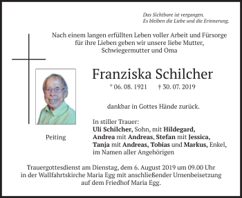 Todesanzeige von Franziska Schilcher von merkurtz