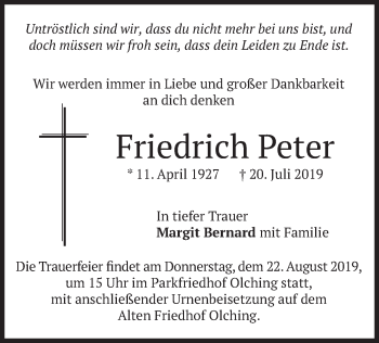 Todesanzeige von Friedrich Peter von merkurtz