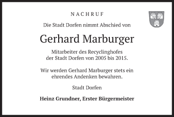 Todesanzeige von Gerhard Marburger von merkurtz