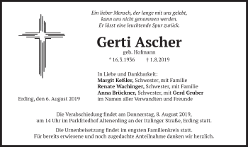 Todesanzeige von Gerti Ascher von merkurtz