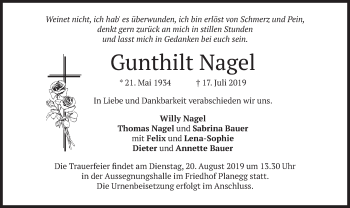 Todesanzeige von Gunthilt Nagel von merkurtz