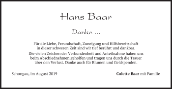 Todesanzeige von Hans Baar von merkurtz