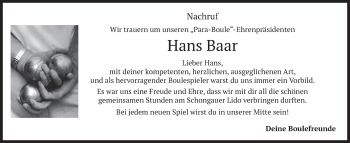 Todesanzeige von Hans Baar von merkurtz