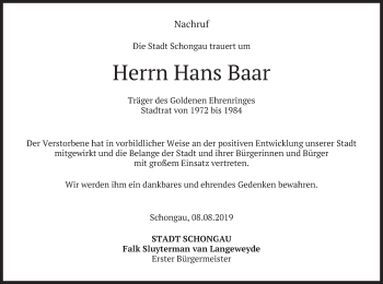 Todesanzeige von Hans Baar von merkurtz