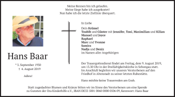 Todesanzeige von Hans Baar von merkurtz