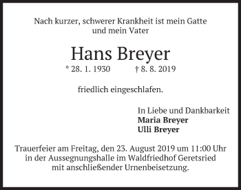 Todesanzeige von Hans Breyer von merkurtz