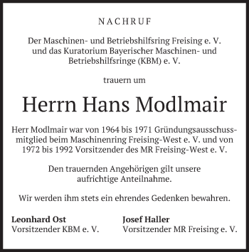 Todesanzeige von Hans Modlmair von merkurtz