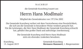 Todesanzeige von Hans Modlmair von merkurtz