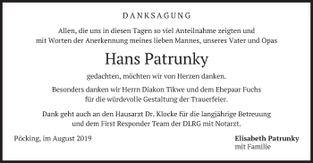 Todesanzeige von Hans Patrunky von merkurtz