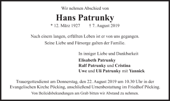 Todesanzeige von Hans Patrunky von merkurtz