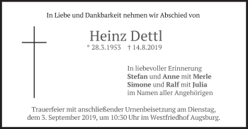 Todesanzeige von Heinz Dettl von merkurtz