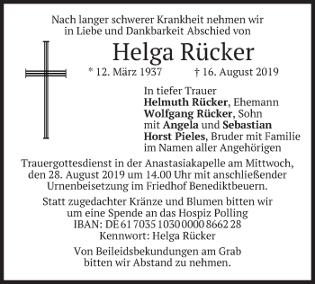 Todesanzeige von Helga Rücker von merkurtz