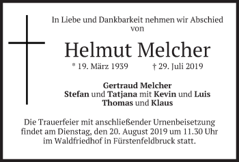 Todesanzeige von Helmut Melcher von merkurtz