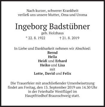 Todesanzeige von Ingeborg Badstübner von merkurtz