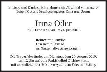 Todesanzeige von Irma Oder von merkurtz