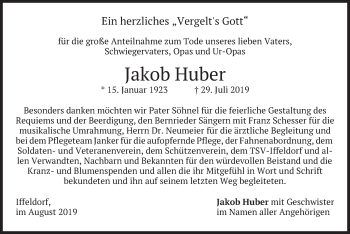 Todesanzeige von Jakob Huber von merkurtz