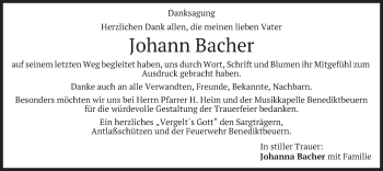 Todesanzeige von Johann Bacher von merkurtz